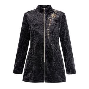 Bolaiyin Black Crushed Velvet Zip Jacket Rhinestone Embellished - Large